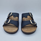 Sandalias negras de piel Interbios con dos hebillas, diseño elegante y cómodo para mujer.