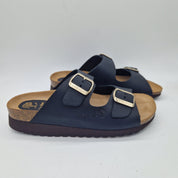 Sandalias Interbios en piel negra con dos hebillas, calzado cómodo y elegante para mujer.